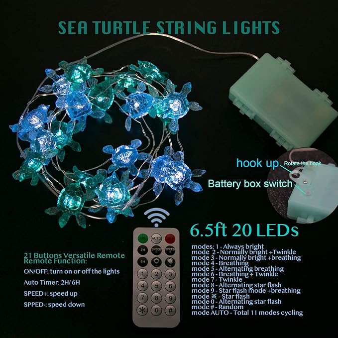MIYA LIFE Blue Sea Turtle String Lights Battery Powered Summer Beach Decor with Remote Acrylic Sea Turtle Decor for Bathroom Shower Curtain