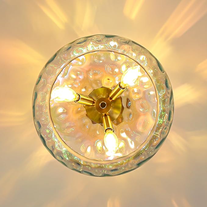Semi Flush Mount Ceiling Light, 14" Large 3-Lights Ceiling Light Fixture with Iridescent Hammered Glass Shade, Modern Chandelier for Hallway Entryway Foyer Bedroom, Brass/Gold