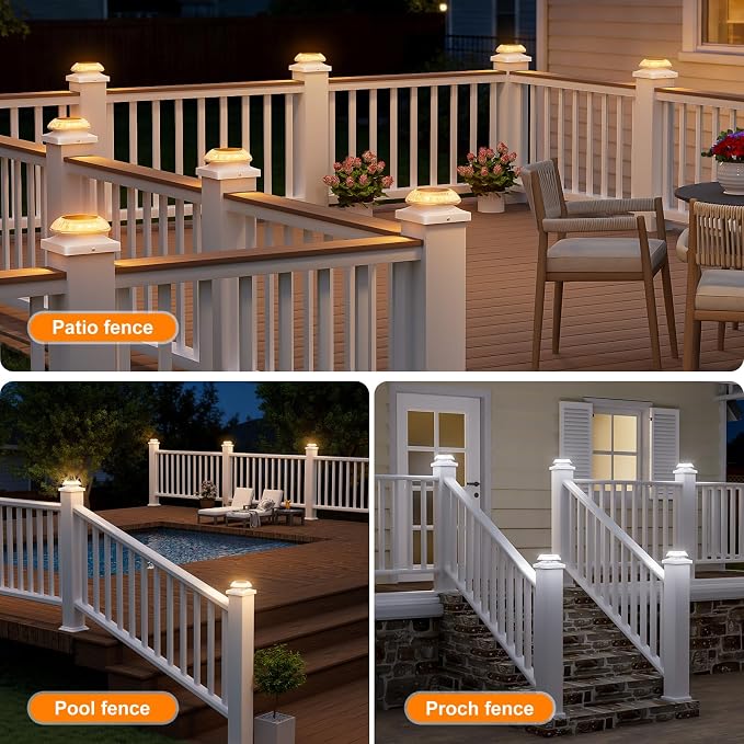 VOLISUN Solar Post Cap Lights 8pack, White Solar Fence - Post Lamps Outdoor Waterproof, with Warm/Natural/Cool Light,for 4x4 Wooden/Vinyl