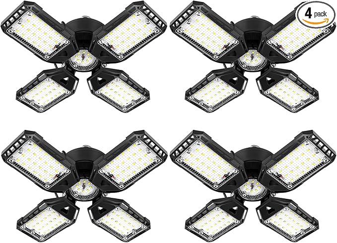 LED Garage Lights 4 Pack -120W, 12000LM 6500K Led Shop Light with 4+1 Deformable Panels, Basement Barn Light Garages Ceiling Lights, E26/E27 for Garage, Warehouse, Shop