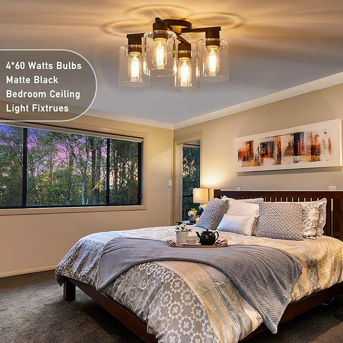 YYT Semi Flush Mount Ceiling Light Black 4-Light Kitchen Ceiling Light fixtures Kitchen Lighting Fixtures Cieling with Glass Shade for Bedroom Foyer Dinning Room