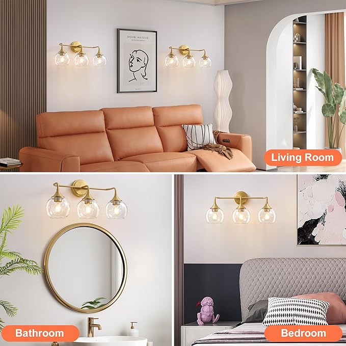 Gold Bathroom Light Fixtures 3 Light Bathroom Vanity Light with Clear Glass Shade, 22 inch Vanity Lighting Fixtures Over Mirror, Vanity Lights Fixture (Exclude E26 Bulb)