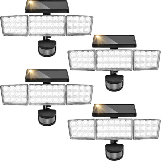 Solar Lights Outdoor, 3500LM 168 LED Motion Sensor Solar Flood Lights, 3 Heads 300° Wide Angle, 3 Modes IP65 Waterproof Solar Security Lights for Yard Garden Patio, 4 Pack (Black)