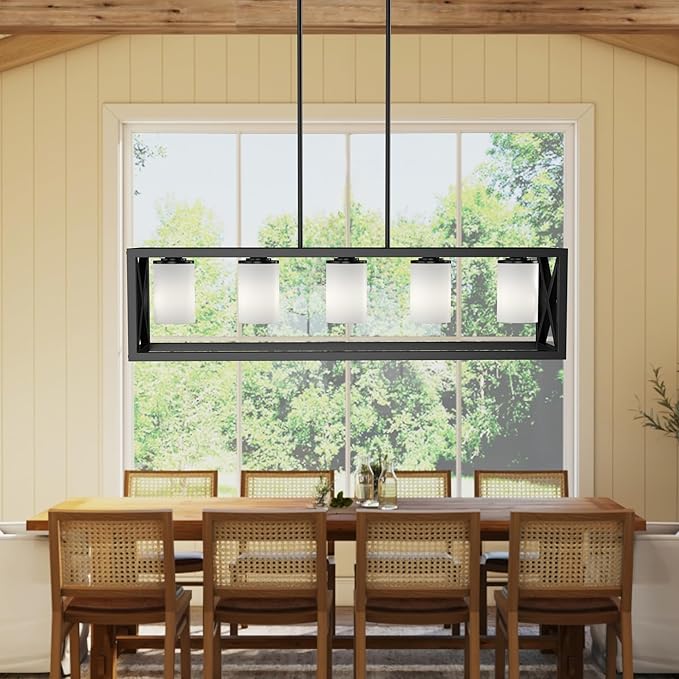 Espird Black White Dining Room Light Fixture - 5 Light Rectangle Light Fixtures with Milk White Glass Shade & Adjustable Height & Thickened Metal Dining Table Lights Fixture Chandeliers for DiningRoom