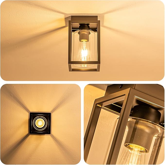 Mayful Flush Mount Ceiling Light Fixture with Clear Glass Shade, Farmhouse Black Metal Frame Light Fixture for Kitchen Island Entryway Porch Foyer Dining Room, E26 Ceramic Base