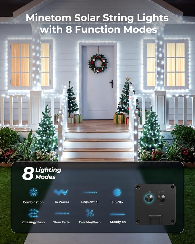Minetom Solar String Lights, 2 Packs Total 66Ft 200 LED Solar Fairy Lights, Waterproof Solar Lights for Outside Patio Yard Tree Wedding Christmas, Pure White | IP65 Waterproof Twinkle Lights with 8 Modes, Patio Lights for Tree Outside Patio Yard Party ...