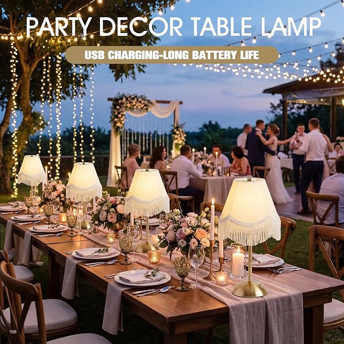 4 Pack Wedding Tassel Cordless Table Lamp Rechargeable Touch LED Small Gold Portable Battery Operated USB-c Desk Lamp 3 Color Dimmable for Wedding Birthday Outdoor Party Home