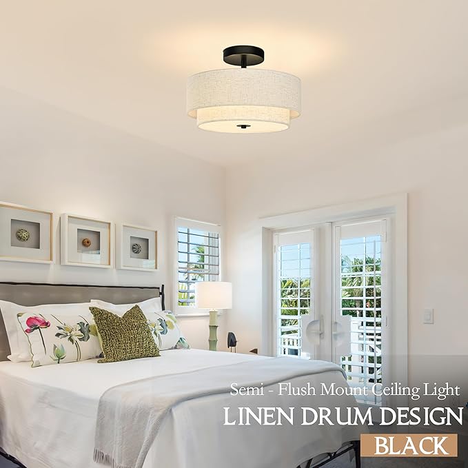 2 Light Semi Flush Mount Ceiling Light Fixture 12.6 Inch Modern Black Drum Ceiling Light Fixture with 2-Layer Fabric Shade Dimmable Close to Ceiling Light for Living Room Hallway Bedroom Entryway