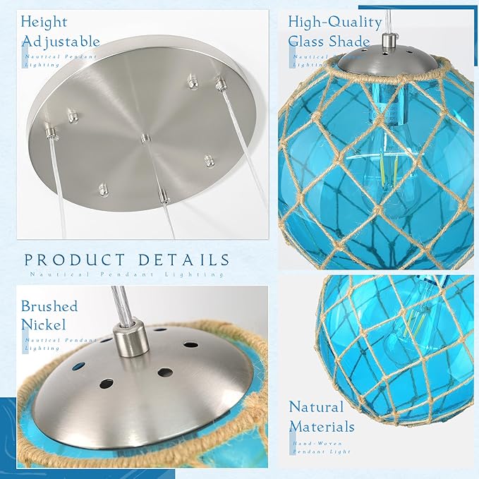 3-Light Blue Coastal Pendant Light Kitchen Island 3 Globe Glass Ocean Chandelier Beach House Boho Chandelier Hanging for Dining Room Living Room Bedroom Foyer (Bulb Incl.)