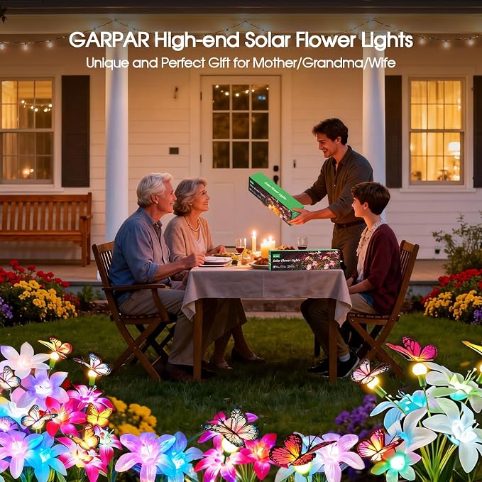 Garpar Solar Flower Lights Outdoor 4 Pack, 16 Lilies and 12 Butterflies | 800mAh Battery, Brighter LED, IP65 Waterproof, Color Changing, Perfect for Yard, Lawn, Pathway, Gift for Mom, Women, Grandma