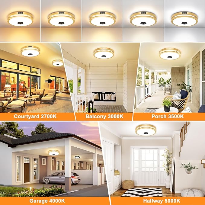 24W LED Motion Sensor Outdoor Ceiling Light, 12IN 2700K/3000K/3500K/4000K/5000K Adjustable Ceiling Lights, Dusk to Dawn Flush Mount LED Ceiling Light Fixture for Porch, Garage, Gold