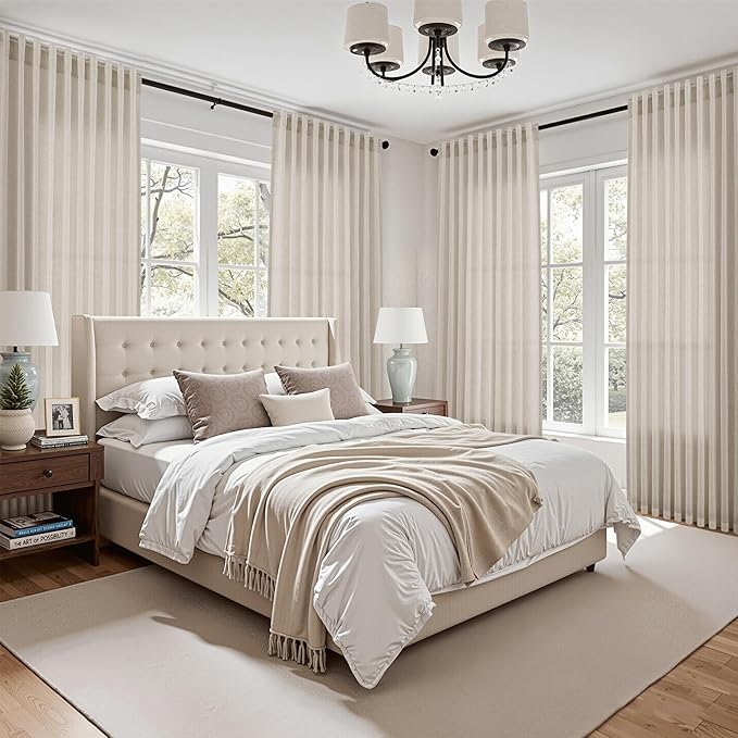 Boho Linen Curtains for Living Room 94 Inches Long Light Filtering Semi Sheer Curtain Back Tab Boho Eclectic Home Decor Elegant Luxury Farmhouse Drapes for Bedroom Dinner Room 52x94, 2 Panels