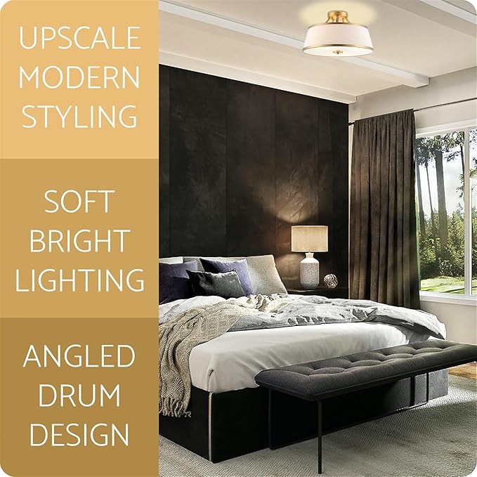 Kira Home Zoey 18" Modern 3-Light Semi-Flush Mount Ceiling Light Fixture + White Fabric Shade, Warm Brass Finish, Pack of 2