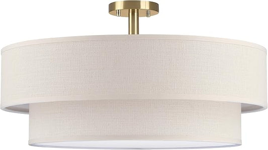 6 Lights 26 Inch Semi Flush Mount Close to Ceiling Light Fixture,Cream Fabric Shade Gold Finish for Bedroom,Living Room,Dining Room Hallway