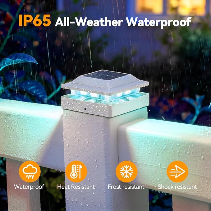 12 Pack Solar Post Cap Lights RGB Color Changing, IP65 Waterproof for 4x4 Wood/Vinyl Posts, Auto On/Off Fence Posts Solars Light for Deck Patio Garden Decoration, White