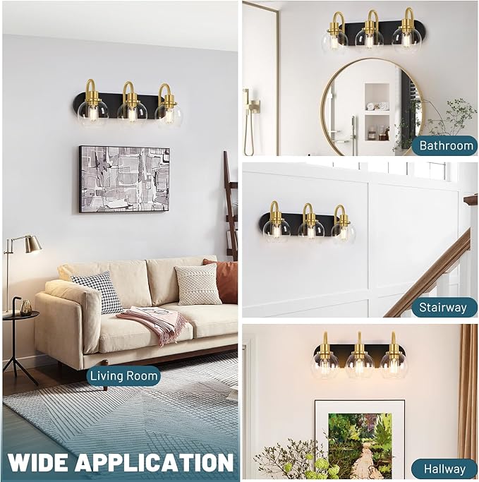 Dpyrrhic Modern 3-Light Vanity Light, Bathroom Lighting Fixture Over Mirror With Clear Glass Shade and Metal Base, Wall Sconces in Matte Black and Gold