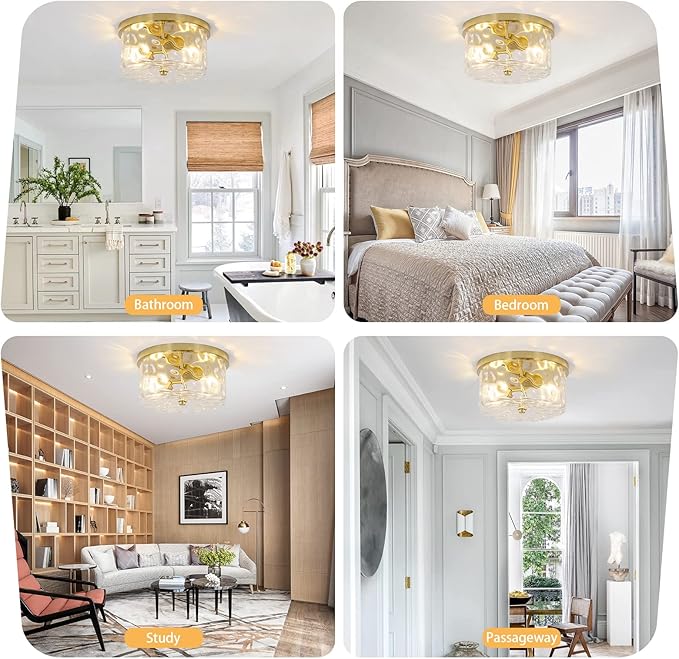 LamQee 11.8" Flush Mount Ceiling Light with Clear Hammered Glass, Brushed Gold Hallway Light Fixtures Ceiling Mount for Bathroom, 2-Lights Farmhouse Close to Ceiling Light Kitchen Foyer Bedroom