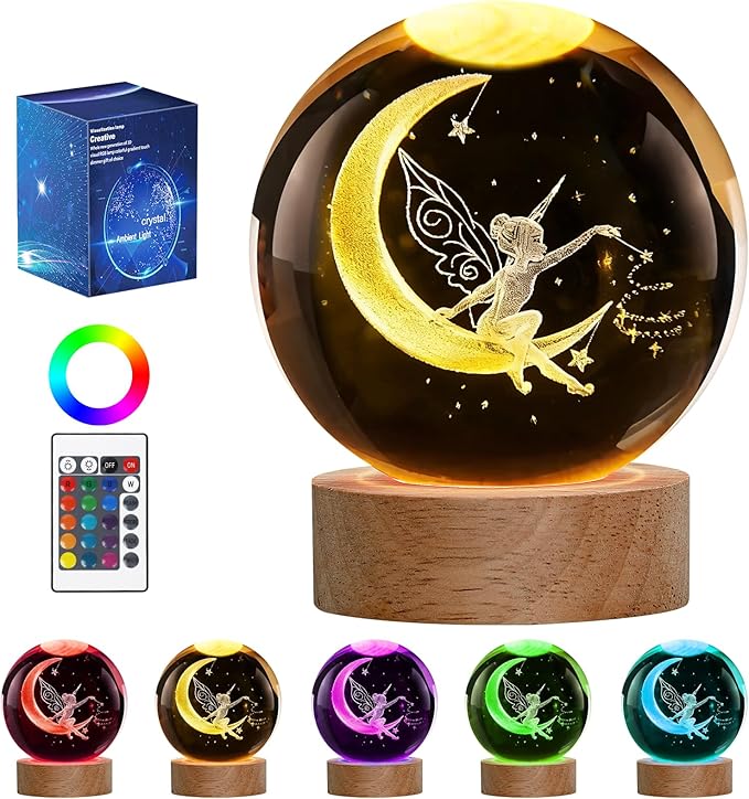 Fairy Night Light, 3D Crystal Ball Lamp with 16 LED Color Changing & Remote, 3.15 Inch Unique Desk Decor, Fairy Gift for Women, Birthday Christmas Home Room Decoration, Fairy Lamp