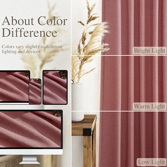 Canyon Rose Linen Curtains for Living Room 100 Inches Long Light Filtering Semi Sheer Curtain Back Tab Modern Farmhouse Decor Elegant Luxury Boho Girl Drapes for Bedroom Dinner Room 52x100, 2 Panels