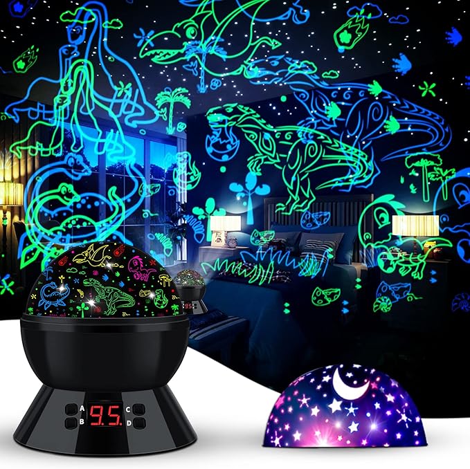 Dinosaur Night Light Projector for Kids, 360° Rotating Dino Projection Lamp Star Projector for Bedroom Ceiling, Toddler Night Light with Timer, Birthday Gift for Boys, Dinosaur Toys for Kids Ages 3-5