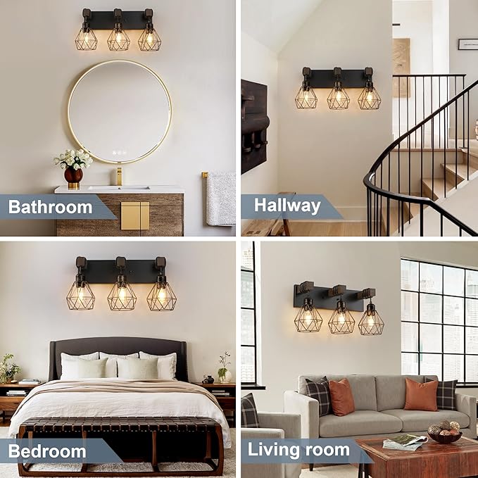 Farmhouse Bathroom Light Fixtures, 3-Light Bathroom Lighting Fixtures Over Mirror, Rustic Wood Black Gold Vanity Lights Wall Sconces with Metal Lampshade for Living Room