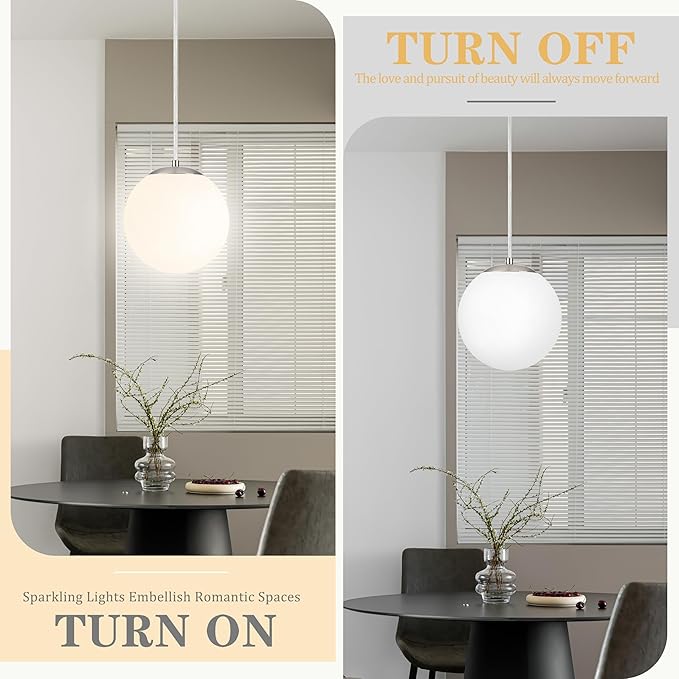 KoKo&Yukina 8" Globe Pendant Light Nickel Plug in Pendant Light Adjustable Hanging Lights with Plug in Cord Nickel Finished with Milk Glass Lampshade for Bedroom Kitchen Island (Bulb Included)
