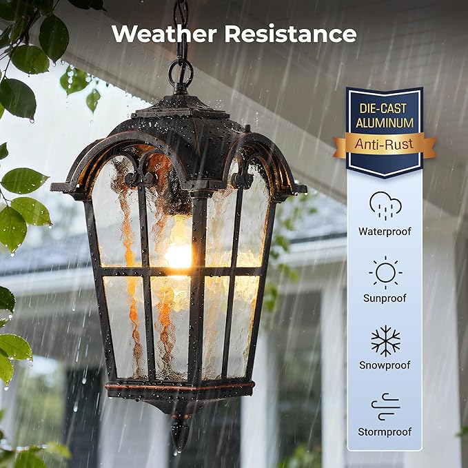 VIANIS 18.7" Large Outdoor Pendant Light, Vintage ORB Outside Chandelier with Ripple Glass, Anti-Rust Pendant Lights for Porch, Doorway, Entryway, Adjustable Length Hanging Lighting, Hardwired