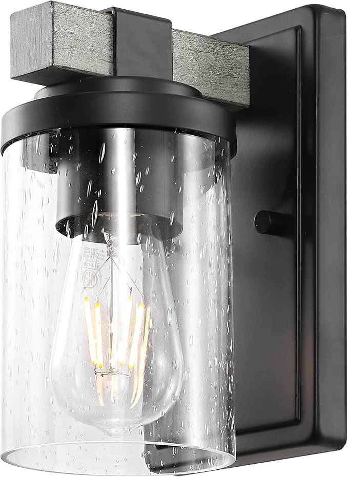 JONATHAN Y 4.5" Black/Gray Oak Wood Finish 1-Light LED Vanity Light, Rustic Farmhouse Sconce, Clear Seeded Glass Shade, Industrial Wall Lamp for Bathroom Mirror, Kitchen Sink, LED Bulb (JYL7507B)
