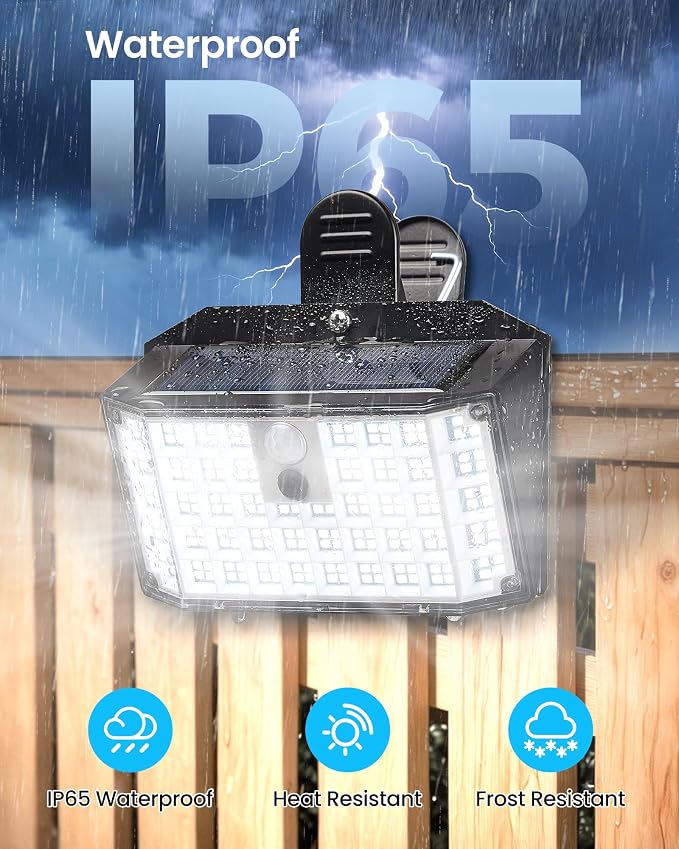 LUHLEE 176LED Clip on Solar Lights Outdoor, 600LM Solar Motion Lights Outdoor with 180° Wide Angle, IP65 Waterproof Portable Solar Fence Lights Outdoor for Fence, Gutter, Garden, Camping, Patio 4Pack
