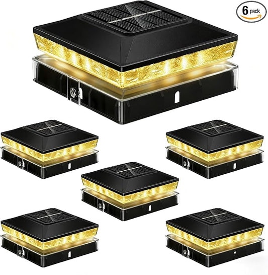 Solar Post Cap Lights 6 Pack, IP65 Waterproof Outdoor Fence Post Solar Lights for 3.5x3.5 & 4x4 Wood/Vinyl Posts, 10-12 Hours Upgraded Warm/Cool White Glow for Garden/Patio/Porch - Black