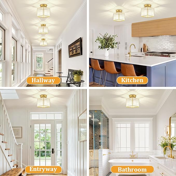 2-Pack Crystal Ceiling Light Fixture Modern Square Semi Flush Mount Ceiling Light Gold Hallway Light Fixtures Chandelier for Kitchen Entryway Bedroom Bathroom Laundry Foyer, 7.24Inch
