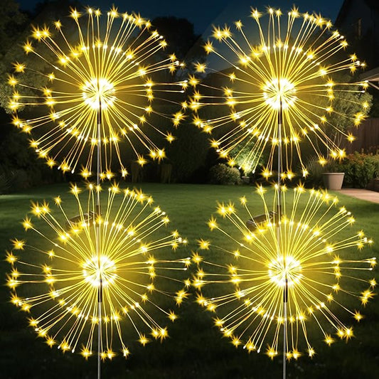 JJGoo Solar Firework Lights, 4 Pack 120 LEDs 2 Lighting Modes Solar Garden Lights Outdoor Waterproof for Yard Patio Walkway Pathway Party Wedding Christmas Decorative - Warm White