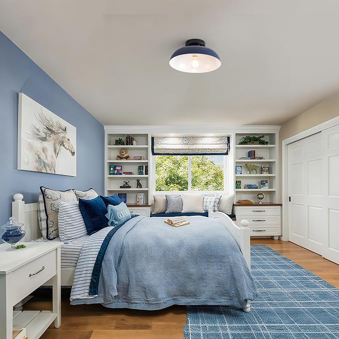 12 Inch Metal Semi Flush Mount Ceiling Light Fixture Industrial Small Ceiling Lights Kitchen Lighting Fixtures Ceiling with Navy Blue Shade for Hallway Entryway Bedroom Foyer Bathroom Laundry Room