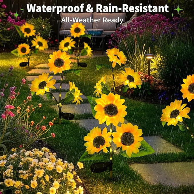 4-Pack Solar Sunflower Garden Decor, 12 LED Flower Stake Lights - Waterproof Long-Lasting Outdoor Solar Patio Decor for Lawn, Yard & Pathway
