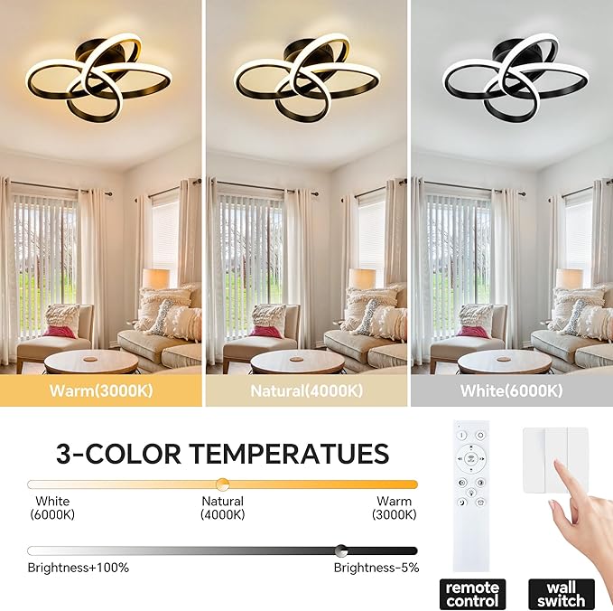 Modern Ceiling Light, 36W LED Dimmable Ceiling Light with Remote Control, 3000-6000K Color Temperature Changing, Black Small Chandelier for Bedroom, Entryway, Hallway, Kitchen