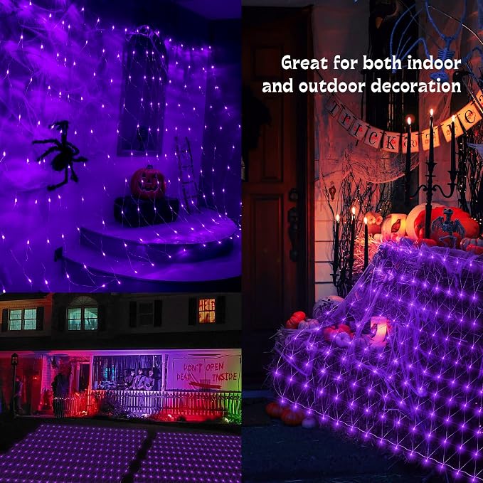 woohaha Outdoor Halloween Net Lights, 9.8FTx6.6FT 192 LED Plug-in Mesh Lights with 8 Lighting Modes, Connectable Light for Bush Halloween Christmas Garden Tree Holiday Wedding Party Decor, Purple