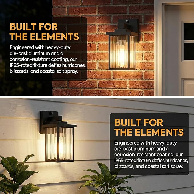 2 Pack Dusk to Dawn Outdoor Lighting, Modern Wall Sconce with Textured Glass, Waterproof IP65 Exterior Light Fixture, Soft Glow Warm Ambiance for Front Door Porch Garage, 10.6 Inch Height, Black