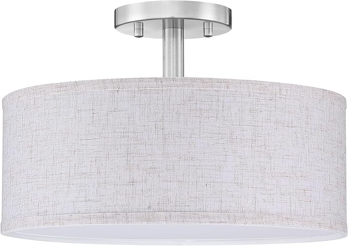 12 Inch Drum Brushed Nickel 3 Light Semi Flush Mount Close to Ceiling Light Fixture,Linen Fabric Shade for Bedroom,Living Room,Dining Room Hallway