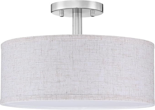 12 Inch Drum Brushed Nickel 3 Light Semi Flush Mount Close to Ceiling Light Fixture,Linen Fabric Shade for Bedroom,Living Room,Dining Room Hallway