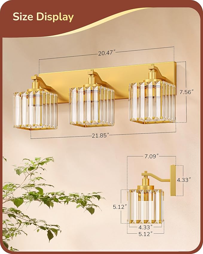 EDISHINE Bathroom Vanity Light, 20.47-Inch Modern Bathroom Lighting Fixtures, 3-Light Crystal Vanity Lights Over Mirror, Gold Bath Wall Sconce Lamp for Powder Room, Makeup, E26 Base