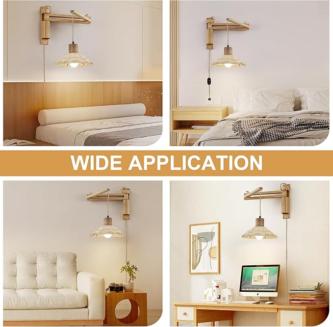 Wood Plug in Wall Sconces, Swing Arm Wall Lamp with Dimmable On Off Switch, Vintage Wall Mounted Light Fixture with Cord for Bedroom Nightstand Bedside Reading Lamp - Bulb Included