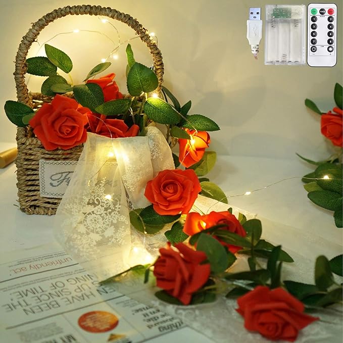 Rose Vine Lights with Remote, Battery or USB Operated Artificial Flower Garland, Hanging Fairy Lights for Bedroom Headboard, Valentine‘s Day, Wedding, Romantic Party Décor (Red, 3.3)