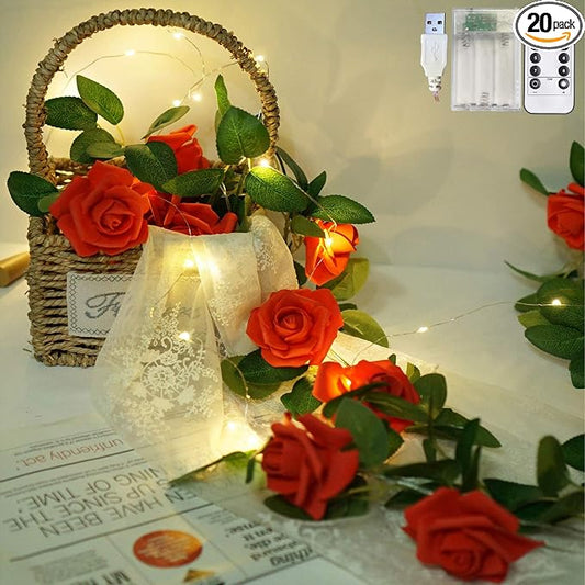 Rose Vine Lights with Remote, Battery or USB Operated Artificial Flower Garland, Hanging Fairy Lights for Bedroom Headboard, Valentine‘s Day, Wedding, Romantic Party Décor (Red, 6.6)
