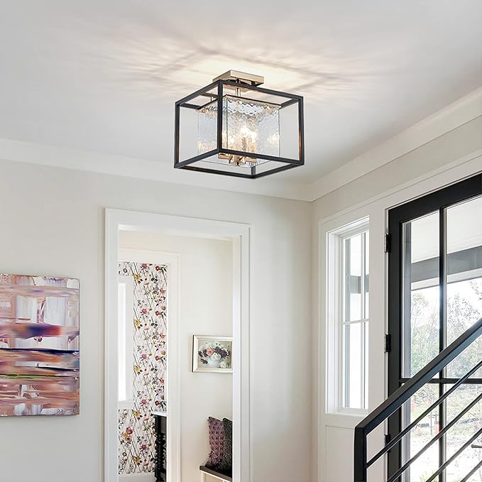AGV LIGHTING CL015 Semi Flush Mount Ceiling Light Fixture, Close to Ceiling Light, 4-Lights E12 Base, Hazy Textured Glass Shade, Matte Black & Shine Gold Finish