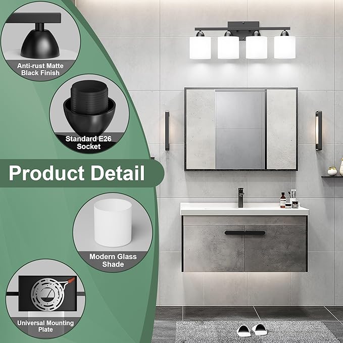 Black Bathroom Lighting Fixtures Over Mirror, 4-Light Anti-Rust Vanity Light for Bathroom, 24Inches Modern Wall Sconce, Standard E26 Base, Milky White Glass Shades, Bulbs Not Included
