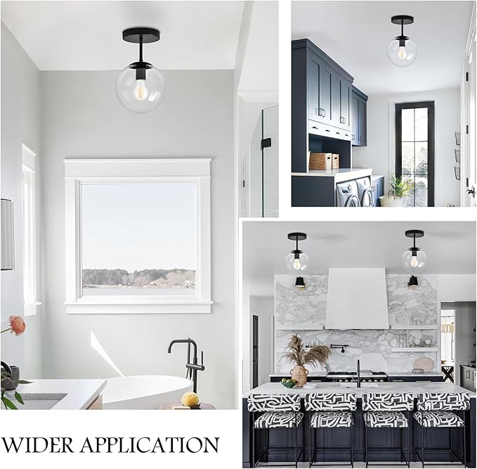 8" Black Semi Flush Mount Ceiling Light Fixture Clear Glass Globe Ceiling Light Fixture Hallway Light Fixture Mid Century Ceiling Light Matte Black Finish for Entryway Foyer Kitchen(Bulb Incl.)