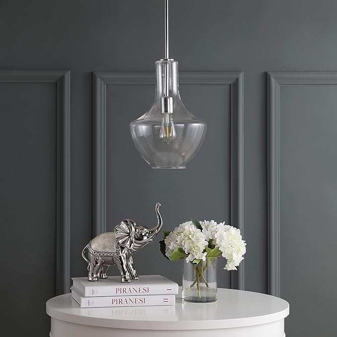 JONATHAN Y 10.5" Chrome Mid-Century Modern 1-Light LED Pendant Light Fixture, Adjustable Schoolhouse Hanging Lamp for Kitchen Island, Clear Glass Shade, LED Bulb Included JYL6400A