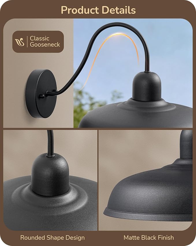 EDISHINE 2 Pack Gooseneck Barn Light Fixture, 12IN Outdoor Wall Light, Farmhouse Outside Wall Sconce, Black Matte Wall Mount Lantern for Porch, Entryway, Garage