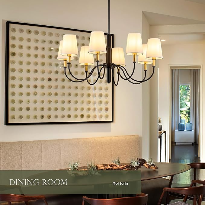 8-Light Black Modern Chandelier with White Fabric Shade, 35" Farmhouse Pendant Ceiling Light Fixture for Dining Room Foyer Living Room