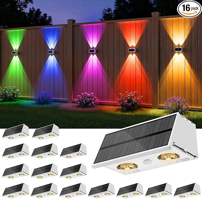 Bridika Solar Fence Lights, 16 Pack Up and Down Solar Lights Outdoor Waterproof, 8 Colors Lens LED Dusk to Dawn Wall Lights for Fence, Patio, Deck, Backyard, Garden White